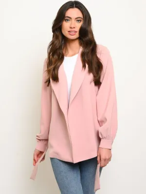 WOMEN'S LONG SLEEVE OPEN FRONT SELF TIE BLAZER