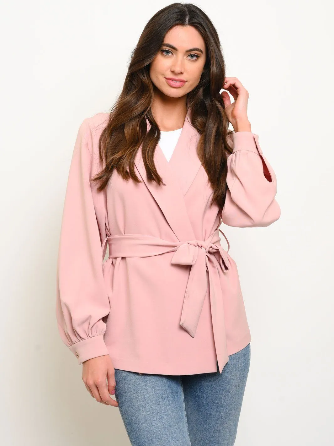 WOMEN'S LONG SLEEVE OPEN FRONT SELF TIE BLAZER
