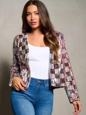 WOMEN'S LONG SLEEVE OPEN FRONT SEQUINS BLAZER