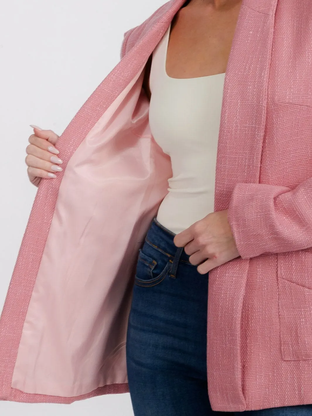 WOMEN'S LONG SLEEVE OPEN FRONT SHOULDER DETAILED BLAZER