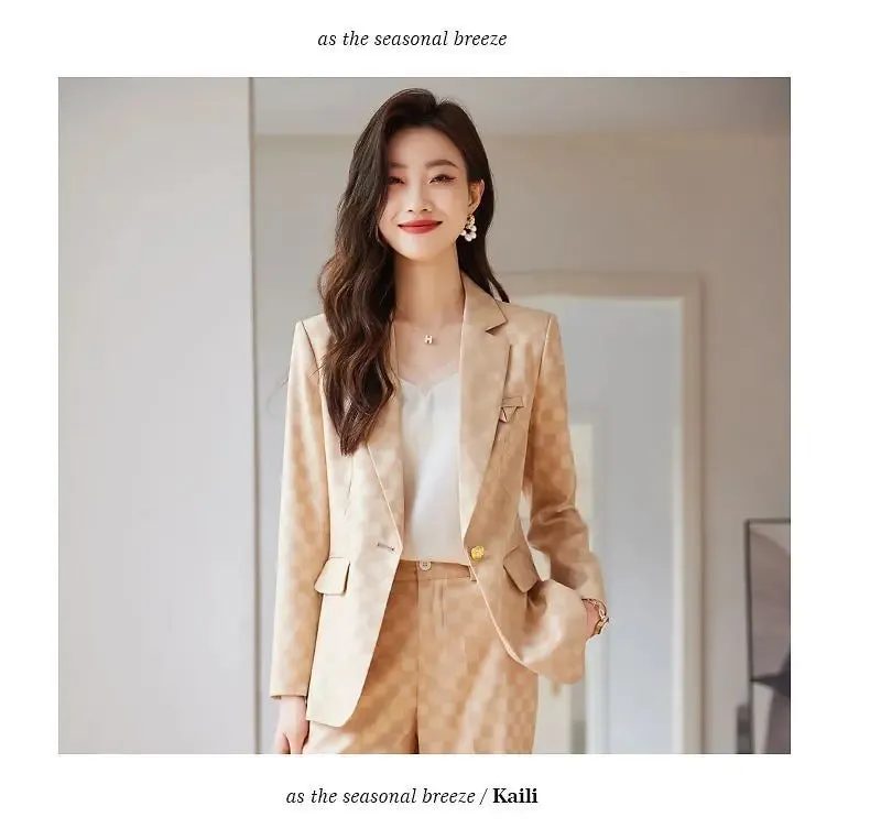 Women's Spring Autumn New Fashion Plaid Professional Suit Jacket Matching Set Korean Elegant Casual Blazers Pants Two Piece