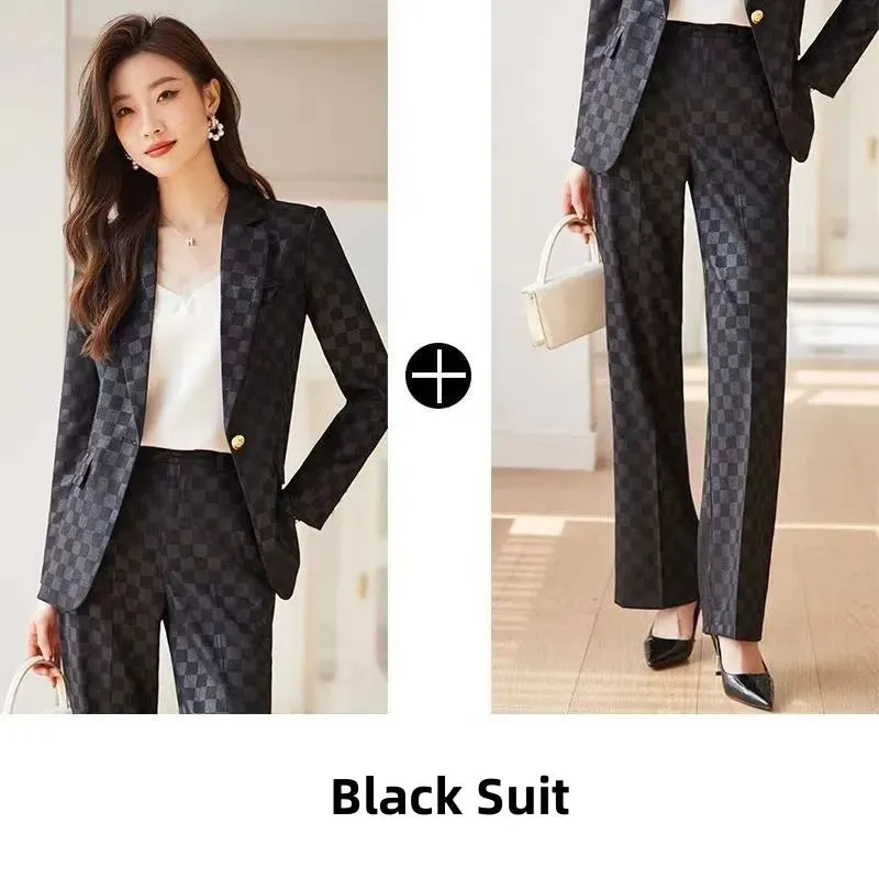 Women's Spring Autumn New Fashion Plaid Professional Suit Jacket Matching Set Korean Elegant Casual Blazers Pants Two Piece