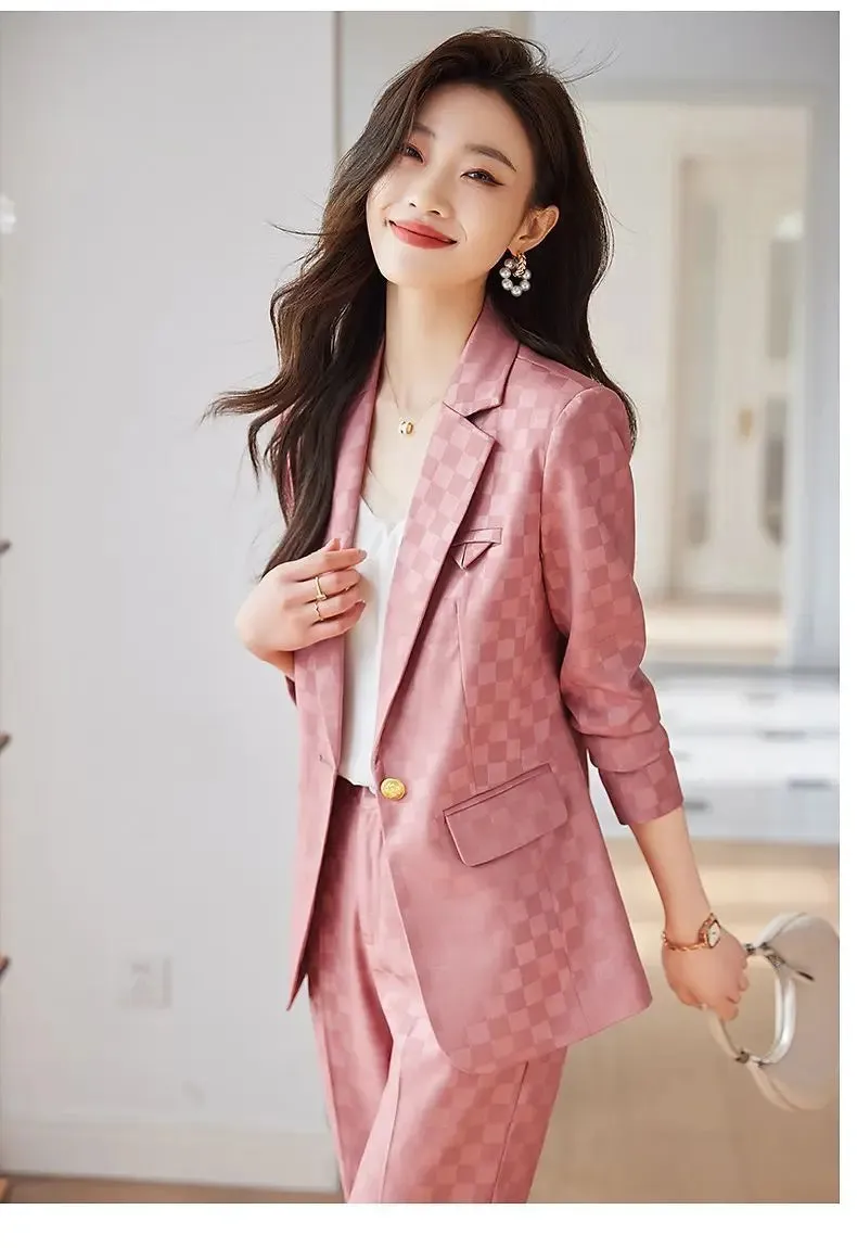 Women's Spring Autumn New Fashion Plaid Professional Suit Jacket Matching Set Korean Elegant Casual Blazers Pants Two Piece
