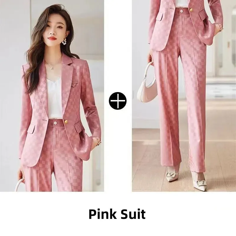 Women's Spring Autumn New Fashion Plaid Professional Suit Jacket Matching Set Korean Elegant Casual Blazers Pants Two Piece