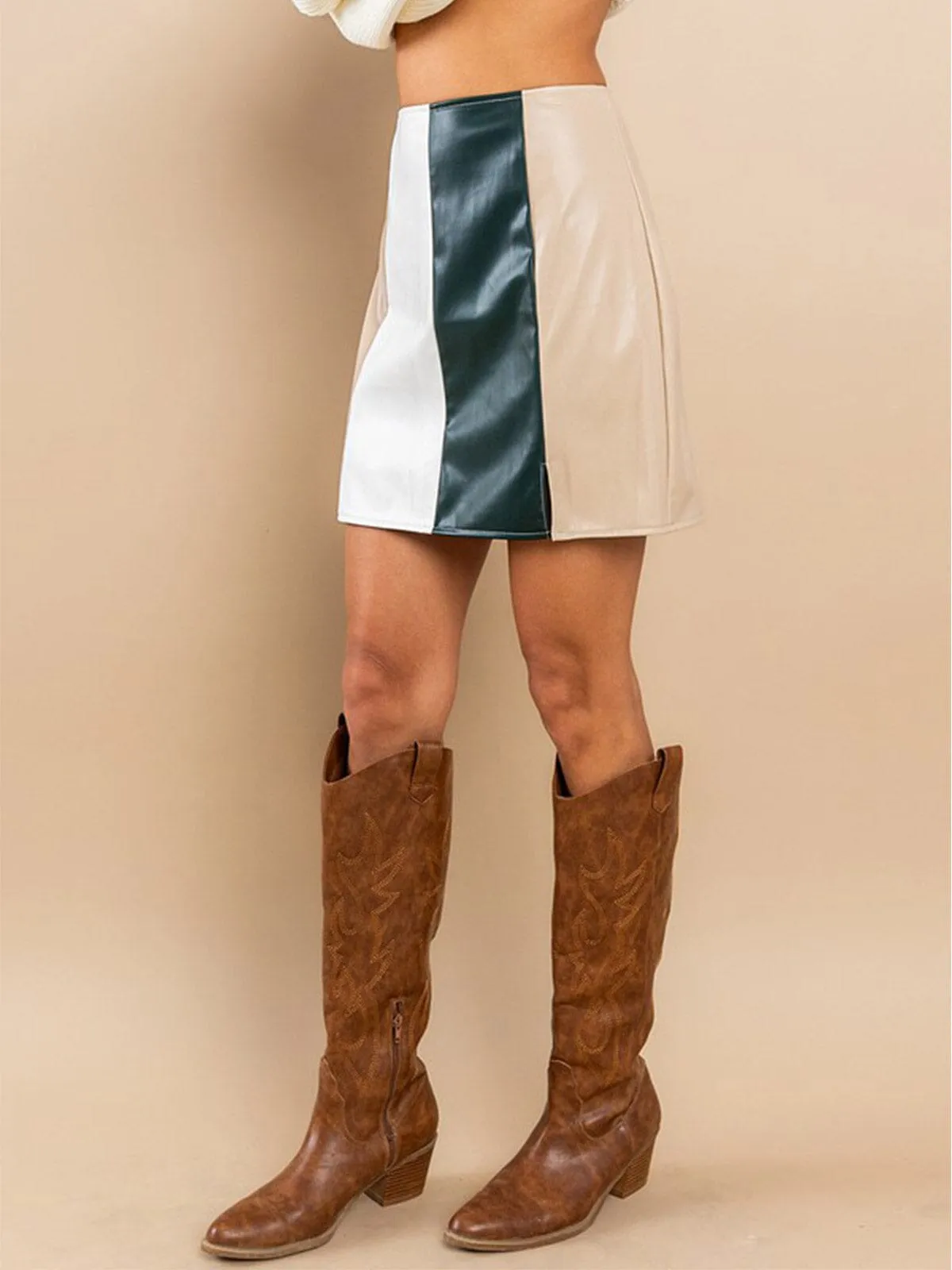 WOMEN'S ZIPPER CLOSURE COLORBLOCK PU PLEATHER MINI SKIRT