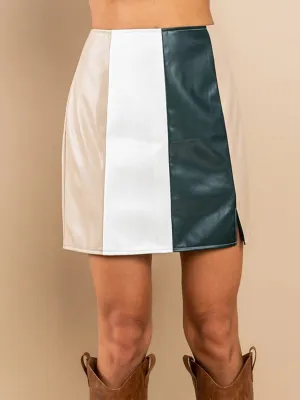 WOMEN'S ZIPPER CLOSURE COLORBLOCK PU PLEATHER MINI SKIRT