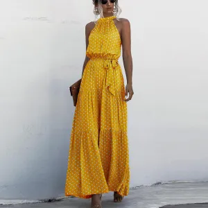 Yellow Wave Bohemian Boho Printed Hanging Neck Straps Maxi Dresses
