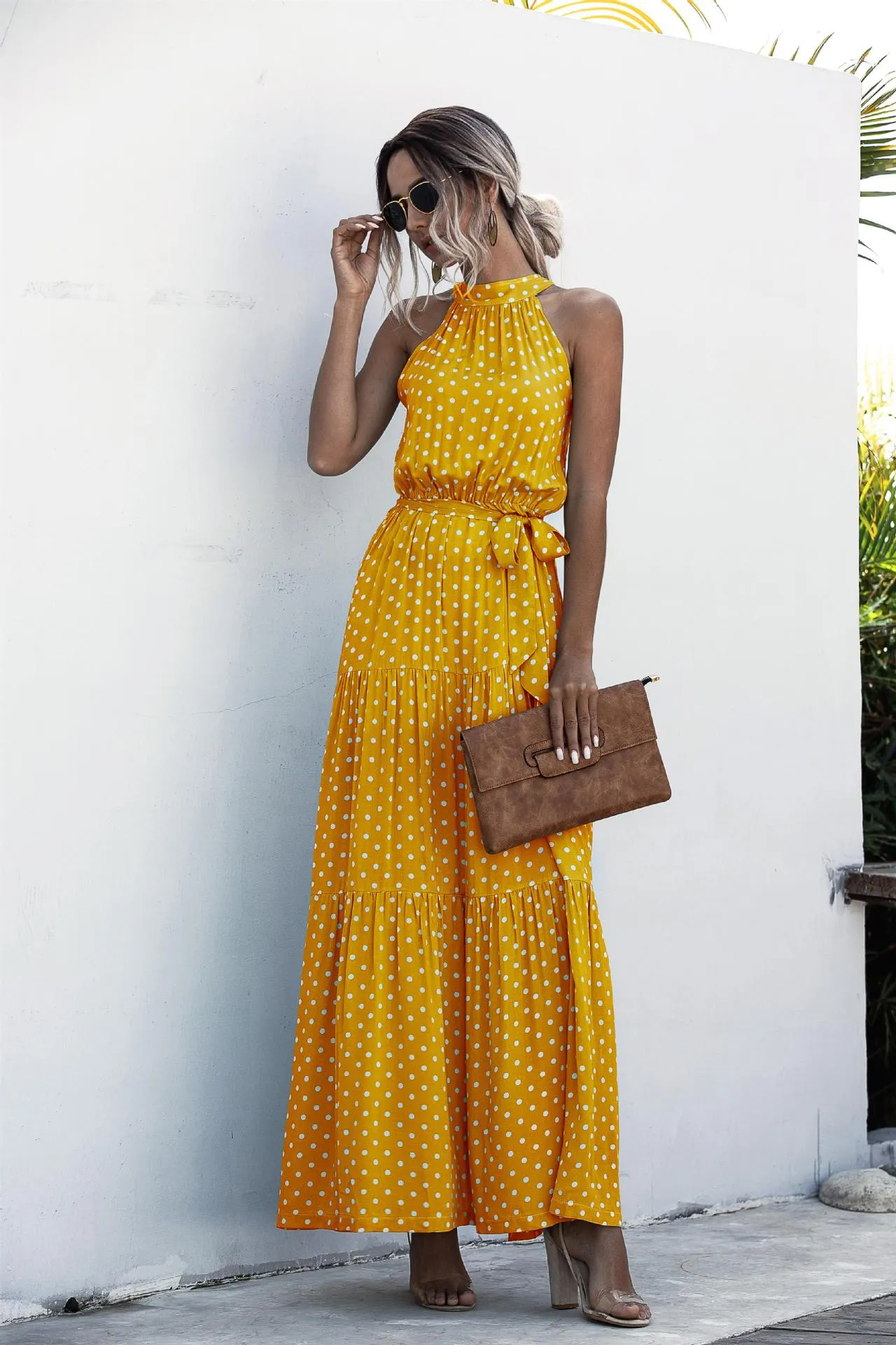 Yellow Wave Bohemian Boho Printed Hanging Neck Straps Maxi Dresses