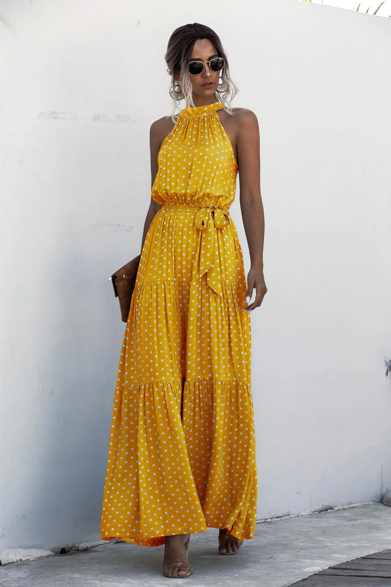 Yellow Wave Bohemian Boho Printed Hanging Neck Straps Maxi Dresses