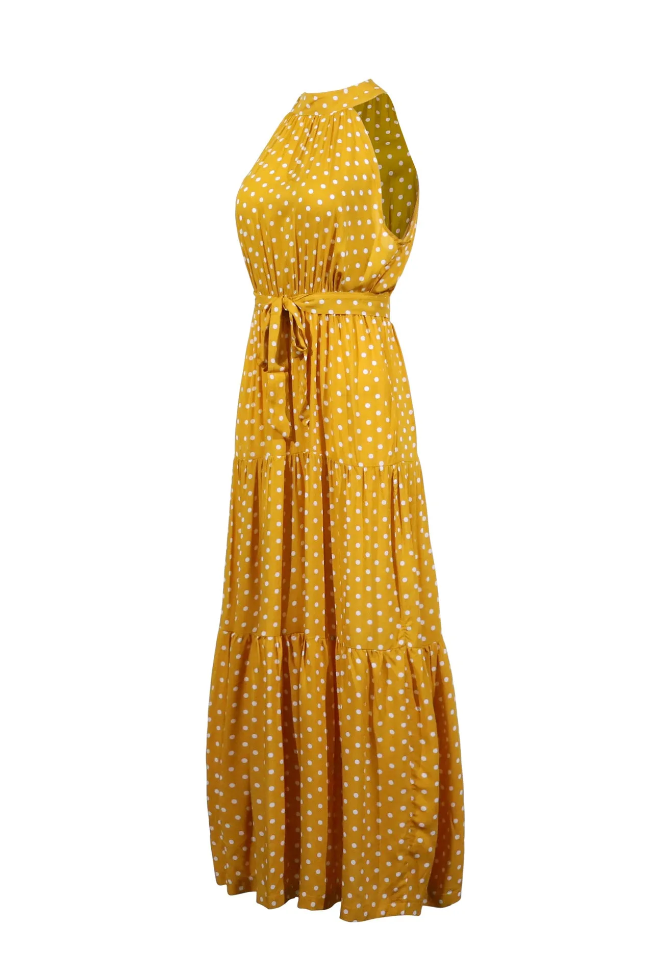 Yellow Wave Bohemian Boho Printed Hanging Neck Straps Maxi Dresses