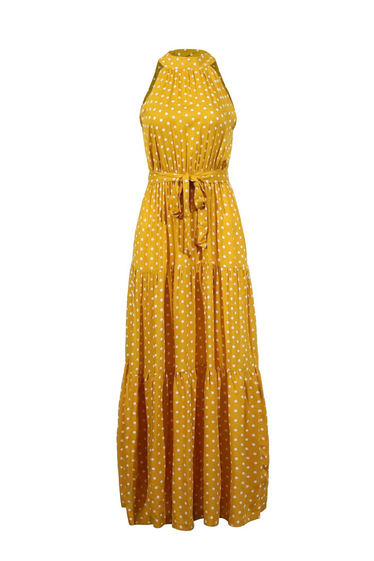 Yellow Wave Bohemian Boho Printed Hanging Neck Straps Maxi Dresses