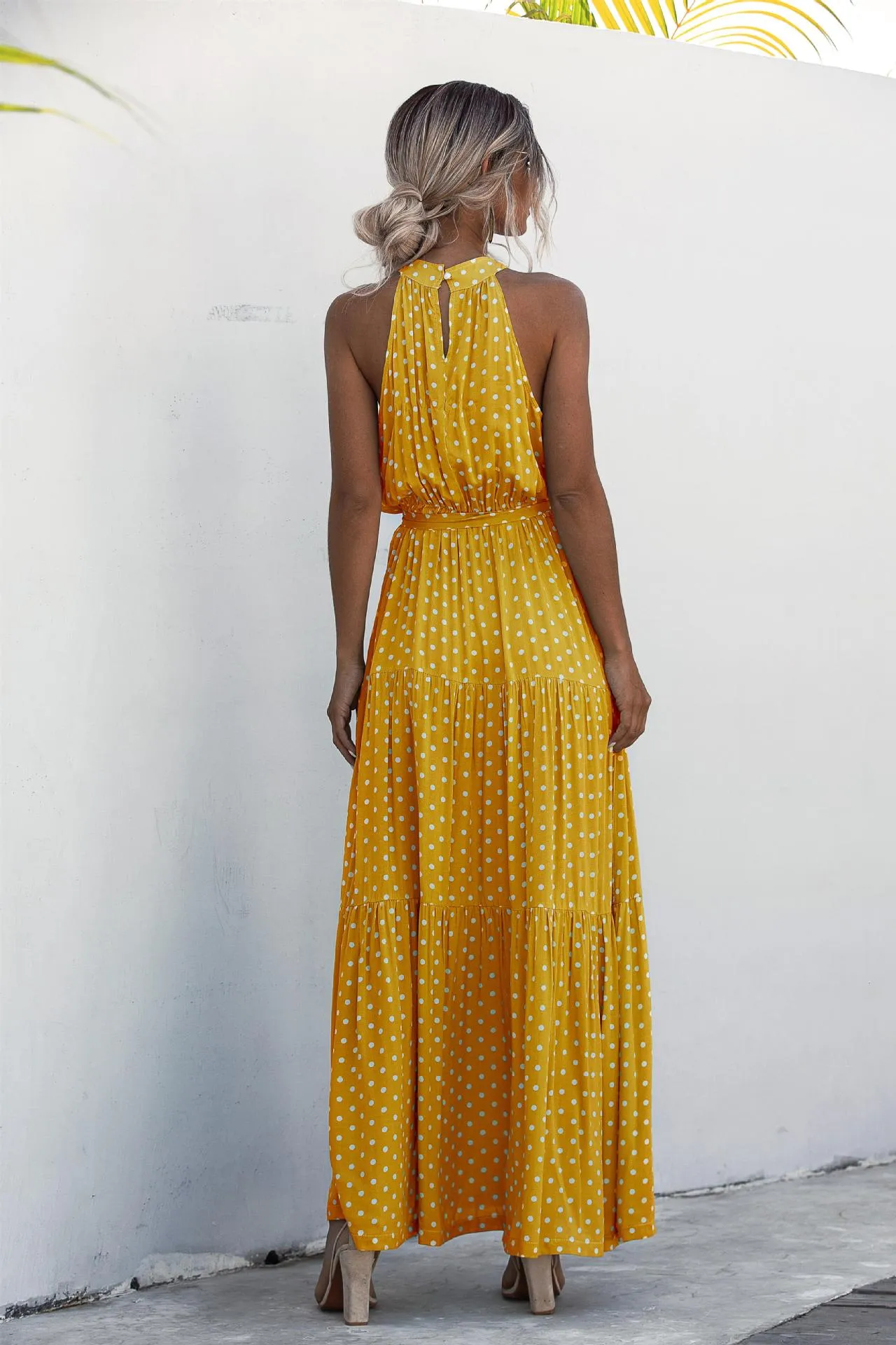 Yellow Wave Bohemian Boho Printed Hanging Neck Straps Maxi Dresses